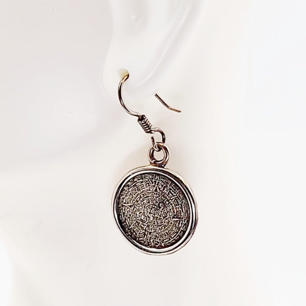Silver Aztec Calendar Earrings Sterling